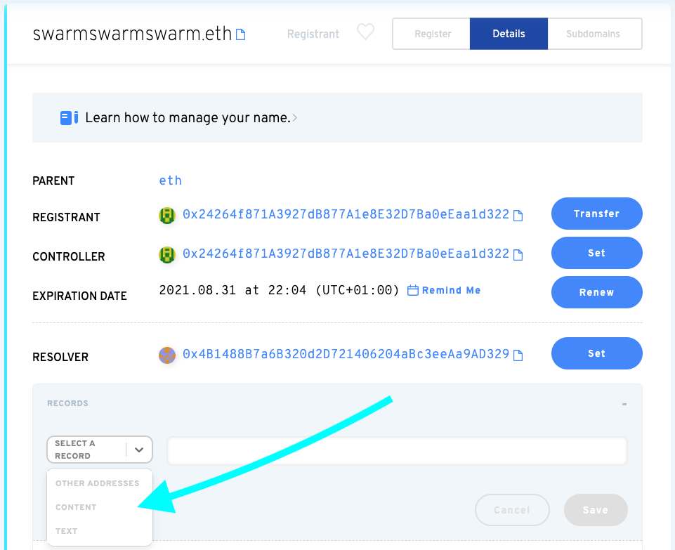 Choose the content record type from the drop down menu. alt text